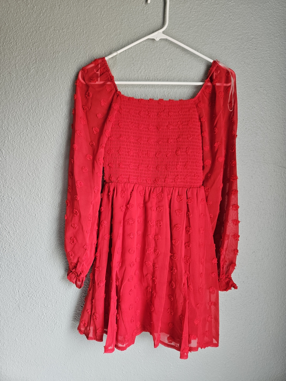 Crystal Doll Red Swiss Dot Smocked Mini Dress Long Sheer Sleeve Boho XS